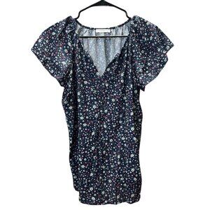 Simple Fun Tunic Top Size L Black Floral V-Neck w/Tie Flutter Sleeve